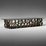 Coffee table by Paul Evans, c. 1960, torch-cut, blackened and polychromed steel, glass, slate, sold Mar 2023