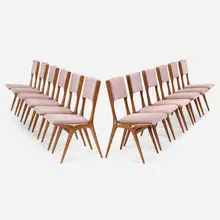 Dining chairs, set of twelve by Carlo de Carli, c. 1950, Italian walnut, Alpaca upholstery, sold Mar 2023
