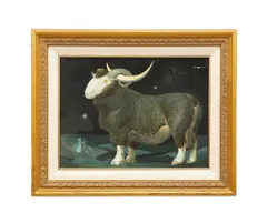 Untitled - Sheep Holding a Crescent Moon by Ann Griffin-Bernstorff, oil on canvas, sold Jul 2025