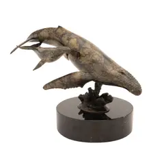 Humpback Cow and Calf" - 1984 by Randy Puckett, bronze on marble base, sold Jul 2025