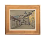 Untitled - Village Street Scene with Bridge by Henry Barnes, oil on canvas, sold Jul 2025