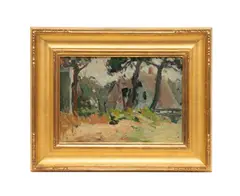 Untitled - Landscape with Cottage - circa 1940 by Helen Alton Sawyer, oil on artists board, sold Jul 2025