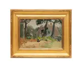 Untitled - Landscape with Cottage - circa 1940 by Helen Alton Sawyer, oil on artists board, sold Jul 2025