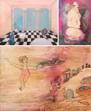 (3) Surrealist paintings by Ann Truxell, mixed media on paper, sold Jun 2023