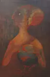 large Surrealist painting depicting a figure holding a globe by Ann Truxell, oil on canvas, sold Jun 2023