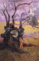Lovers in Surrealist Landscape by Morris Blackman, oil on canvas, sold Jun 2023