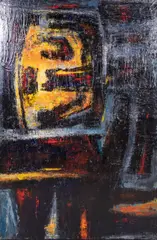 Abstract Expressionist painting by Morris Blackman, oil on masonite, sold Jun 2023