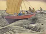 York Boat on Lake Winnipeg, 1930 by Walter J. Phillips, colour woodcut on paper, sold May 2024