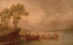Party of Indians in Two Canoes on Mountain Lake, circa 1855 by Paul Kane, oil on canvas, sold May 2024