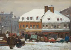 Cabbies, Old Montreal, circa 1926 by Robert Pilot, oil on board, sold May 2024
