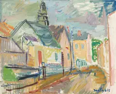 Untitled (Yellow Houses in Nowy Sacz), 1958 by Jan Cybis, oil on canvas, sold Nov 2024
