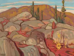 In From North Shore of Lake Superior, 1921 by Lawren Harris, oil on wood, sold Nov 2024