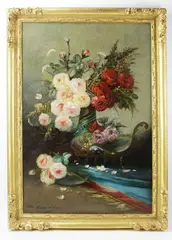 still life with roses by Max Carlier, oil on canvas, sold Jan 2024