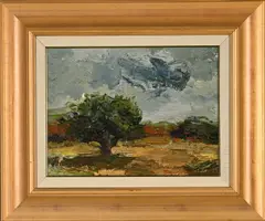 Tree in a Landscape by Richard Smith, oil on canvas mounted on board, sold Oct 2022