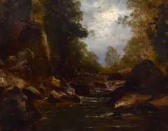 A sheltered mill by a stream by William Henry Vernon, oil on board, sold Jul 2023