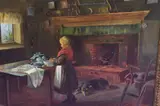 19th century interior scene with child by Charles G. Hards, 1948, oil on canvas, offered Jul 2023