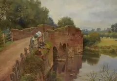River scene with sandstone bridge and boys by Sidney Currie, oil on canvas, offered Jul 2023