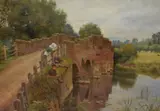 River scene with sandstone bridge and boys by Sidney Currie, oil on canvas, offered Jul 2023