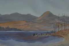 Coniston' depicting an autumnal Coniston Water and the Old Man of Coniston range beyond by G Molloy, watercolour, sold Jul 2023