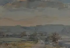 Monyash (derbyshire), the scene depicting figures walking along a rural country road leading past houses with rolling, green hills to the distance by George Butler, watercolour, offered Jul 2023