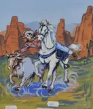 A comic style interpretation of a cowboy on horseback reaching by Claude Catta, gouache, offered Jul 2023