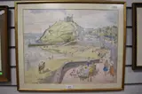 A busy beach scene with castle to the background by Rcd Lowry, watercolour, offered Jul 2023