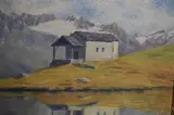 A chalet in front of a snow capped by J. Aguier, oil on board, offered Jul 2023