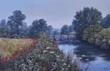 Rural landscape with poppies aside a river and bridge by Deborah Poynton, oil, sold Jul 2023