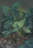 A plant still life, depicting luscious green foliage against a dark backdrop by Jean Preston, oil, sold Jul 2023