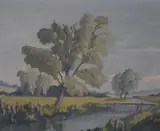 Rural river scene by Charles G. Johnson, oil on board, offered Jul 2023