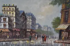 Parisian street scene, unframed, 51cm x 76cm overall by T Casson, oil on canvas, sold Jul 2023