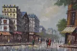 Parisian street scene, unframed, 51cm x 76cm overall by T Casson, oil on canvas, sold Jul 2023