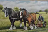 A naive interpretation of workhorses ploughing by O.E Pugh, oil on canvas, offered Jul 2023
