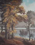 Autumnal woodland and river by David Walsey, oil on canvas, offered Jul 2023
