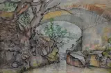 'Bridge & stream near Goatland by Gordon E. Cumming, 1988, ink and watercolour, sold Jul 2023