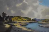 A sunlit estuary scene with approaching dark by Ebenezer John Woods Prior, watercolour, offered Jul 2023