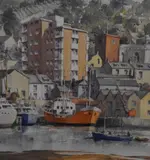 A colourful harbour scene, possibly Cornwall, with tall buildings and docked boats by G.L Cook, 1969, watercolour, offered Jul 2023