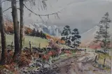 A rural road with snowy mountains in the distance by Edward Grieg Hall, watercolour, offered Jul 2023
