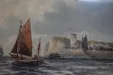 Fishing boats sailing by a harbour by M. Goodman, watercolour and gouache, offered Jul 2023