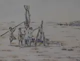 A scene depicting African children building by Alfred Dube, watercolour, offered Jul 2023