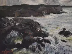 A lively coastal scene, depicting waves crashing over rock pools and against cliffs by Kenneth Cozens, oil on canvas, offered Jun 2023