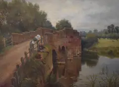 River scene with sandstone bridge and boys by Sidney Currie, oil on canvas, offered Jun 2023