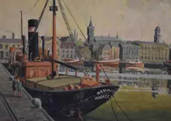 A harbour scene with named trawler by Gwendolen Brown, oil on board, sold Jun 2023