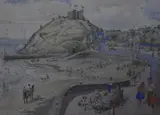 A busy beach scene with castle to the background by Rcd Lowry, watercolour, offered Jun 2023