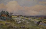 Droving sheep within a moorland landscape by Charles James Adams, watercolour, offered Jun 2023
