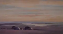 A seascape with rocks and beach to the foreground and set by Cuthbert Rigby, watercolour, offered Jun 2023