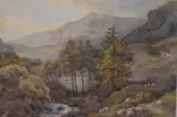 Sheep within a mountainous landscape with by Charles James Adams, watercolour, offered Jun 2023