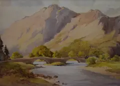 A hilly landscape scene with river flowing under by Reg. E. Willimott, watercolour, sold Jun 2023
