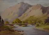 A hilly landscape scene with river flowing under by Reg. E. Willimott, watercolour, sold Jun 2023