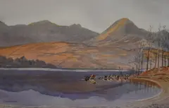 Coniston' depicting an autumnal Coniston Water and the Old Man of Coniston range beyond by G Molloy, watercolour, offered Jun 2023